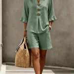 Women's Two-Piece Shorts Suit – V-Neck Ruffle Top & Short Pant Set