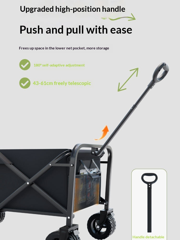 A black telescopic utility wagon with a detachable high-position handle, shown on a light gray background with promotional text and an inset of the handle.