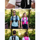 A four-panel collage showing a running hydration backpack worn by athletes. The top panels show close-ups of a black and white 'JUST RUN' backpack on a runner's chest, while the bottom panels show a man and a woman hiking outdoors wearing the backpacks, one in black and one in pink.