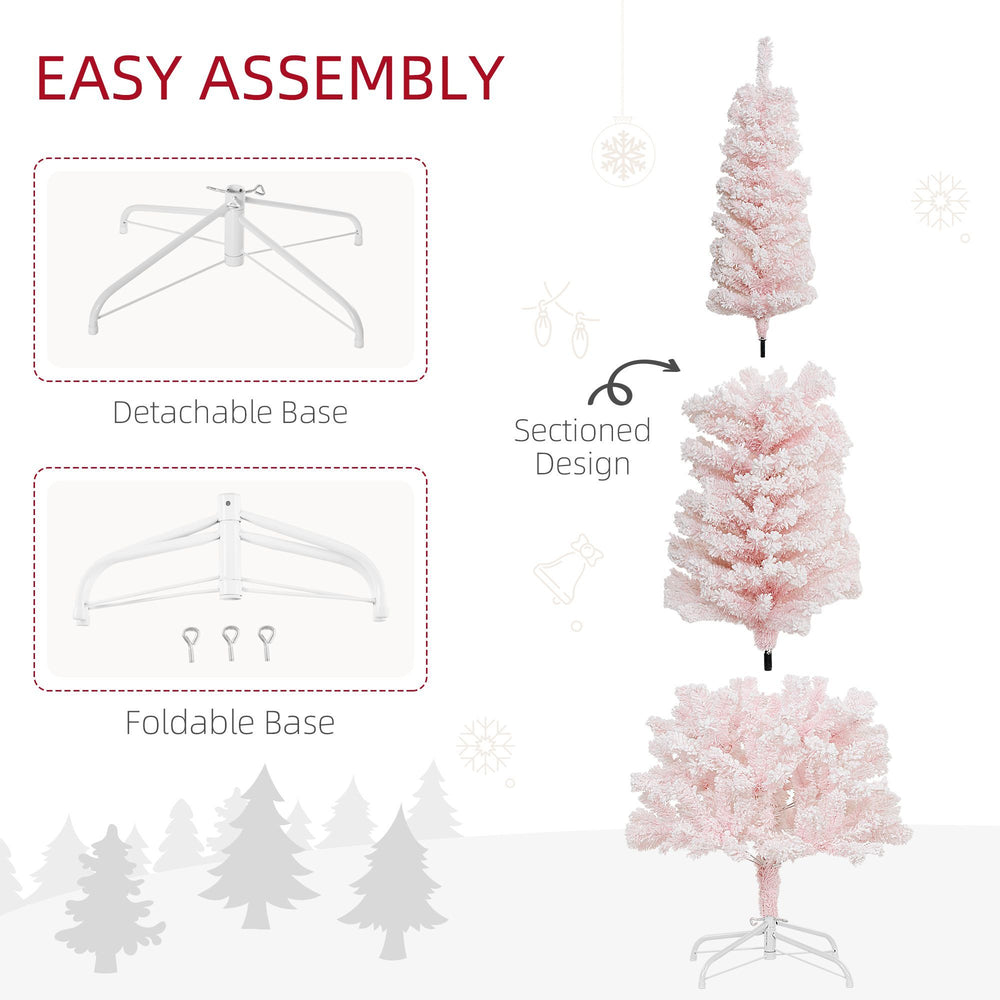 6ft Flocked Christmas Tree, Pencil Christmas Tree With Realistic Branch Tips, Folding Metal Stand EX-STOCK Canada 