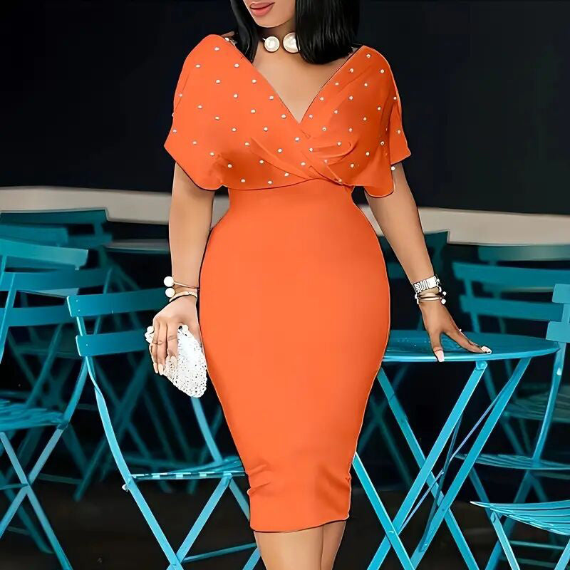 Women's Back Zipper dress Elegant Deep V Neck Wrap Bodycon Dress Pencil Midi Dress EX-STOCK