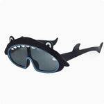 Shark-themed sunglasses on a white background