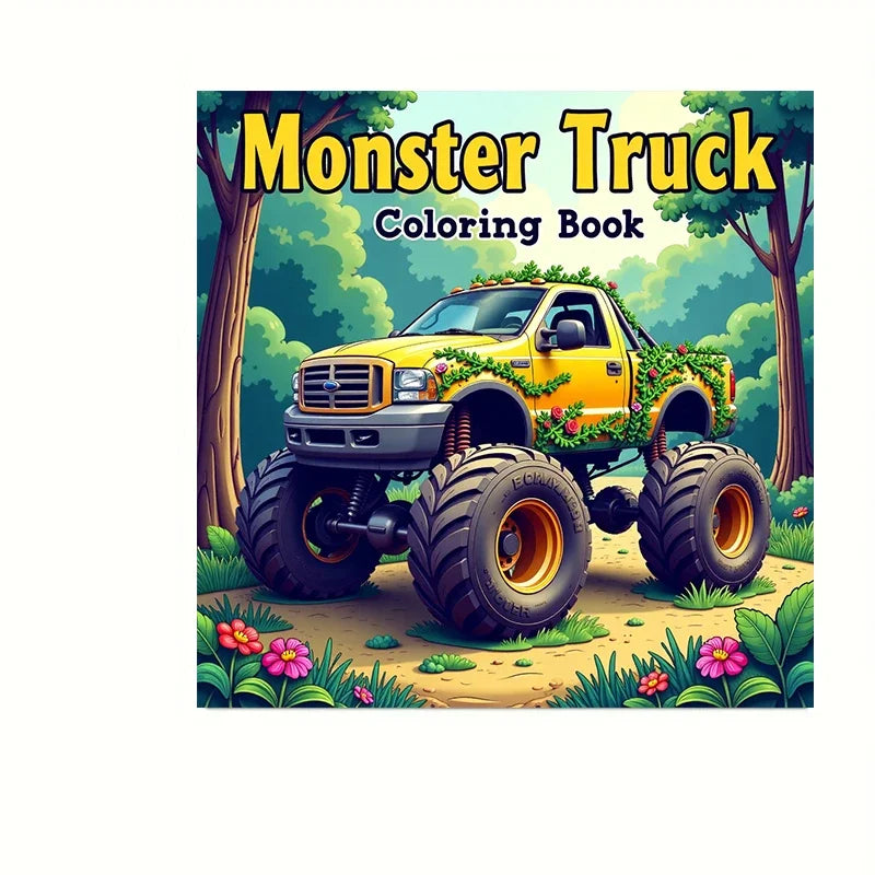 Monster Truck Ausmalbuch Cover mit einem gelben Monster Truck vor einem Waldhintergrund