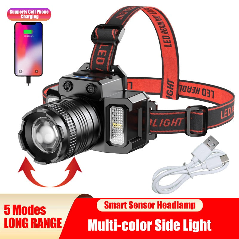 LED Tactical Headlamp Head Torch USB Rechargeable Motion Sensor Headlight Zoomable 5 Modes Emergency Power Bank For Mobile Phone EX-STOCK