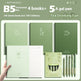 Set of green notebooks and gel pens with tea-themed design on a light green background.