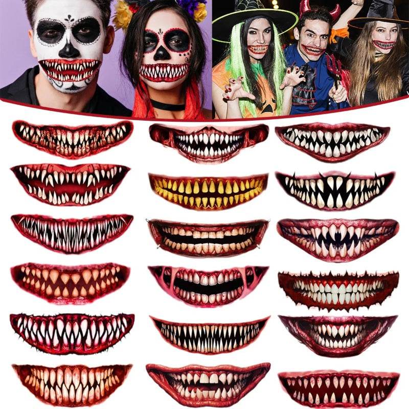 18 Sheets Halloween Temporary Tattoo Stickers 18 Styles Realistic Face Tattoo Face Stick Horror Prank Props Make Up Face Decals Cosplay Decor For Halloween Trick Or Treat Party Costumes Party EX-STOCK
