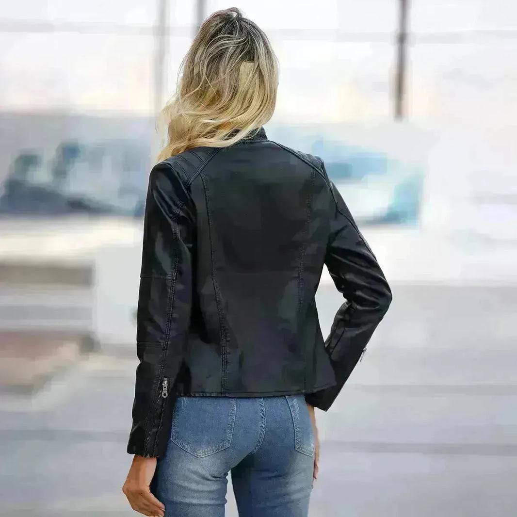 Fashioned European and American Slim fit stand collar Leather jacket for women