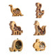 Set of six wooden animal-shaped coin banks on a white background
