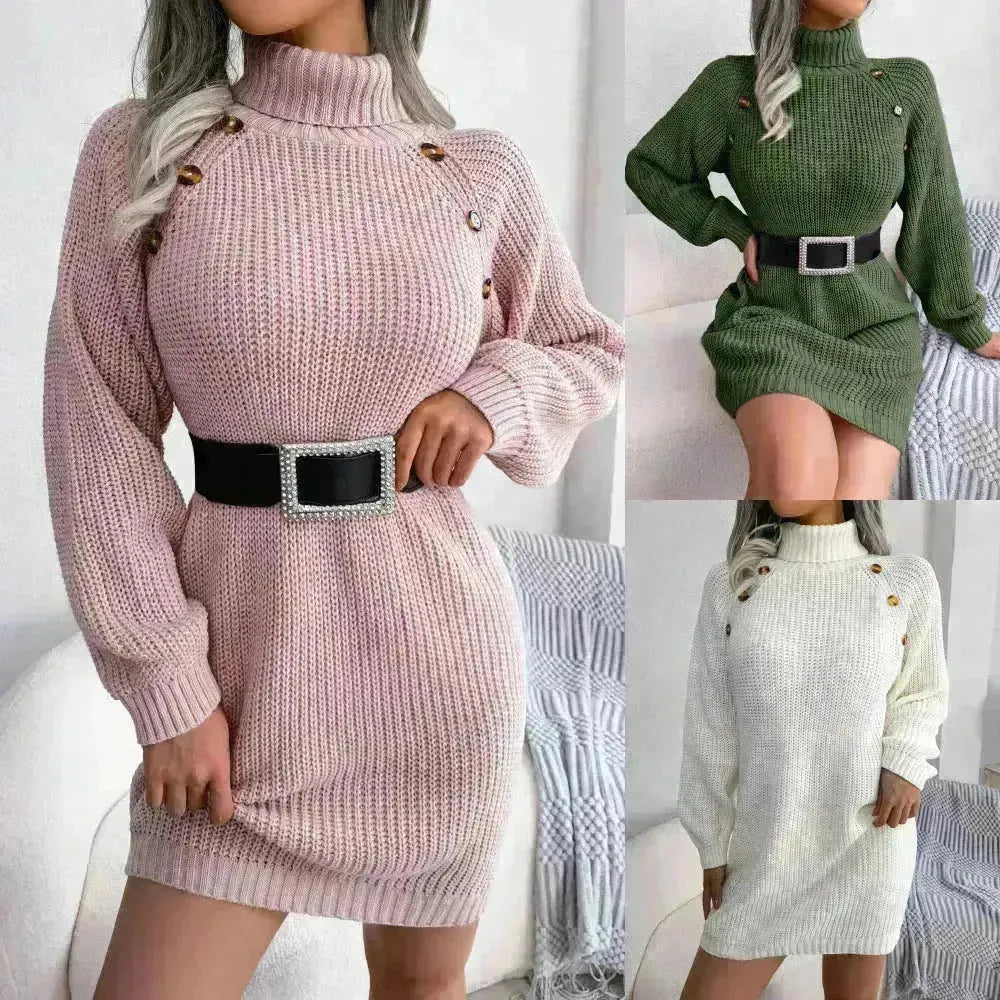 Elegant automne d'hiver Mini Robe de pull à col roulé