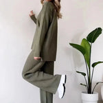 Casual 2pcs Co ord Winter Turtleneck Knitted Suit Loose Split Long-sleeved Top And Straight Trousers Fashion Casual Solid Set Women's Clothing - EX-STOCK CANADA
