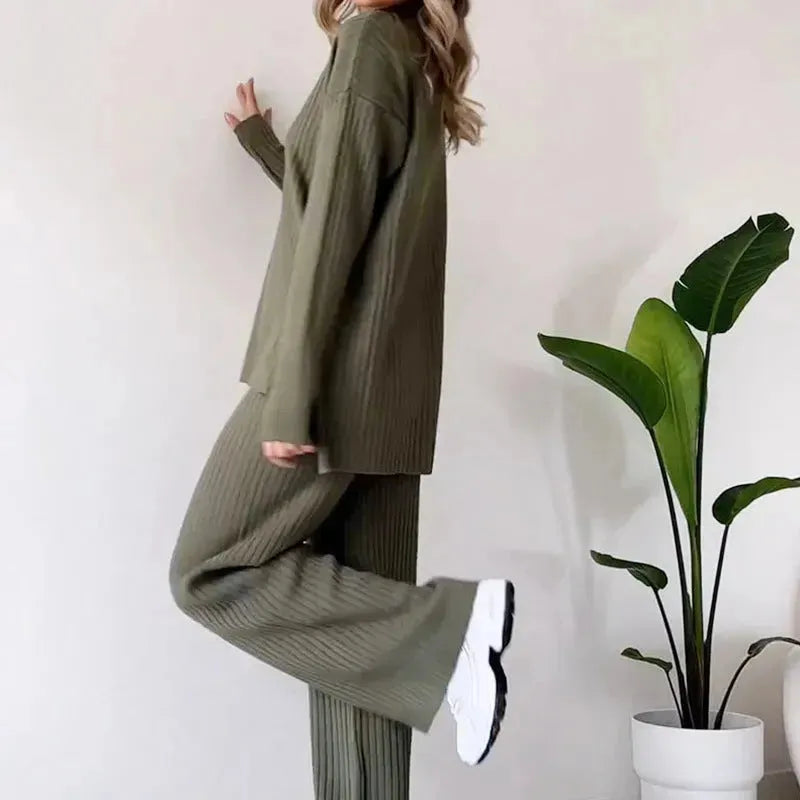 Casual 2pcs Co ord Winter Turtleneck Knitted Suit Loose Split Long-sleeved Top And Straight Trousers Fashion Casual Solid Set Women's Clothing - EX-STOCK CANADA