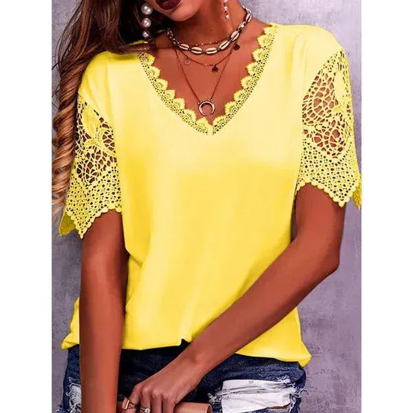 Summer Lace Tops Loose V Neck Short Sleeve Casual top - EX-STOCK CANADA