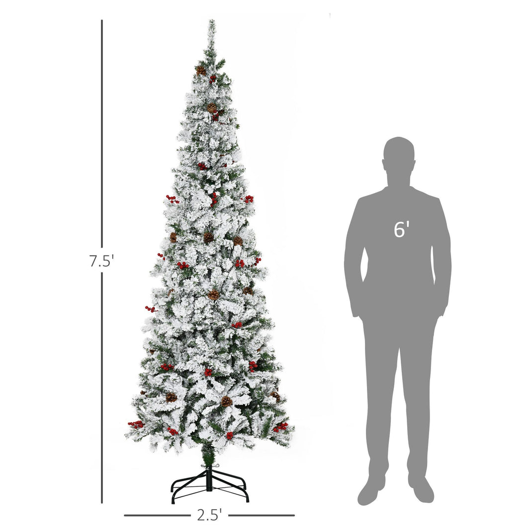 7.5 Foot Pencil Snow Flocked Artificial Christmas Tree With 950 Pine Realistic Branches, Pine Cones, Red Berries, Auto Open, Green EX-STOCK Canada 
