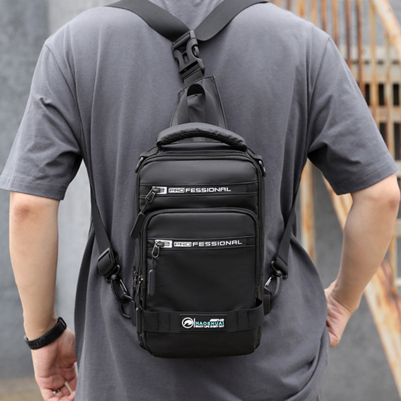 Men's Multifunction Nylon Backpack Crossbody Shoulder Bag with USB Charging Port black 