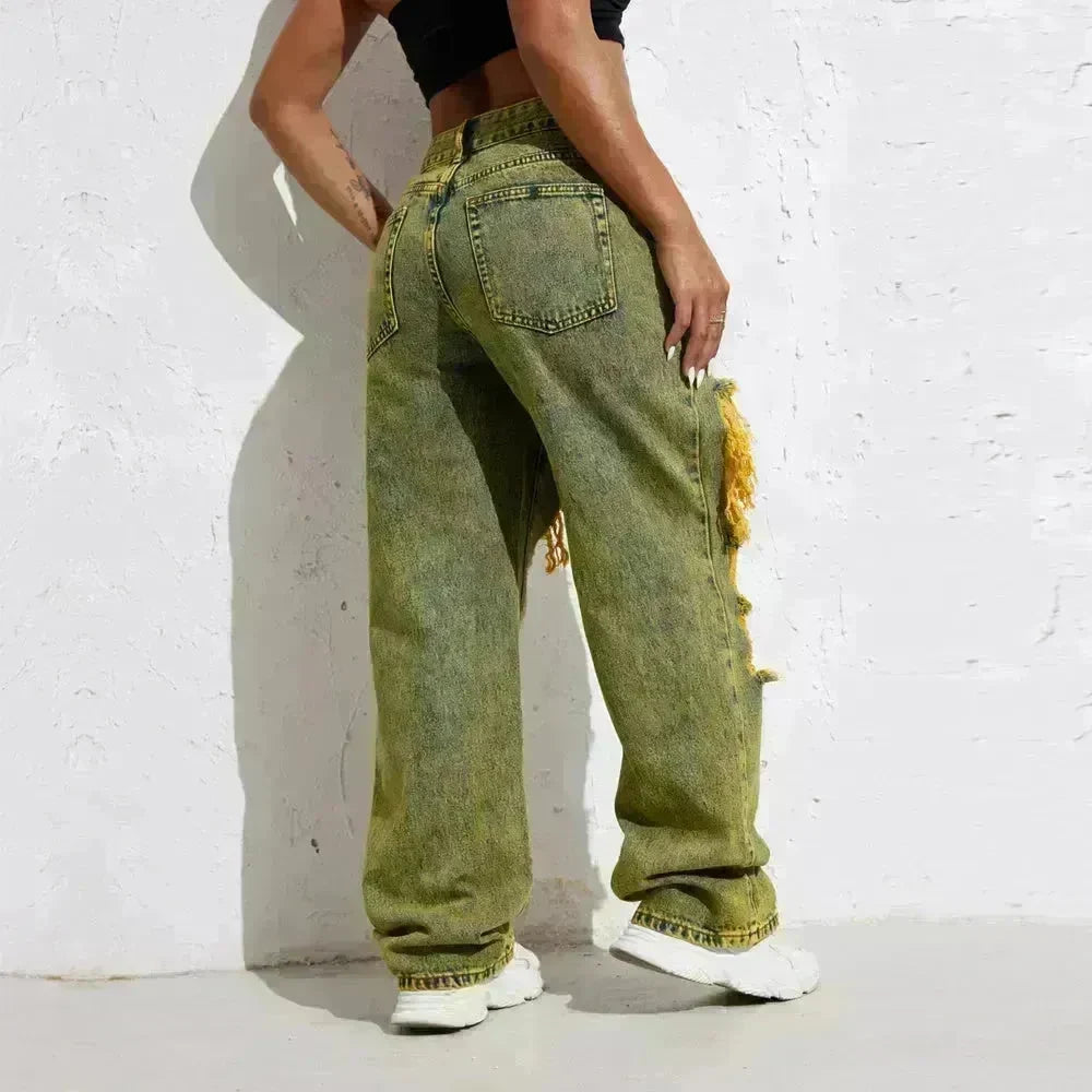 Shascullfites Melody Yellow Wash Streetwear Split Loose Straight Ripped Baggy Jeans Y2K Retro Women Denim Pants - EX-STOCK CANADA