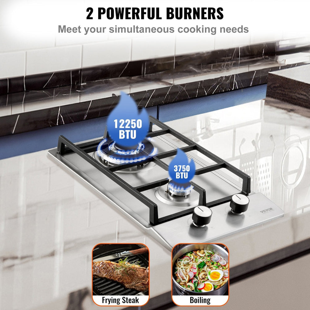 Gas Cooktop 12 Inch, Max 12250BTU 2 Burners Built-in Stainless Steel Gas Stove Top, LPG NG Convertible Dual Fuel Natural Gas Hob With Thermocouple Protection EX-STOCK