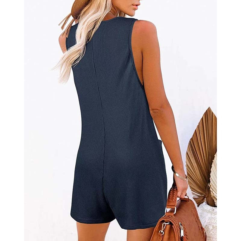 Women's Button Front Romper Jumpsuit With Pockets Casual Solid Color Sleeveless Summer Jumpsuit EX-STOCK