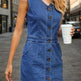 Women’s Fashion Trend Sleeveless Dress, V-neck Design - Button Detail Frayed Hem Denim Skirt 