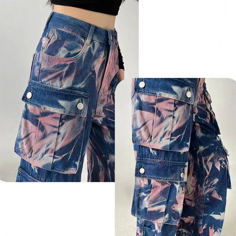 New Tie-dye Baggy CargoTrousers With Pockets Y2K Fashion High Waist Loose Wide Leg Pants Spring And Autumn - EX-STOCK CANADA
