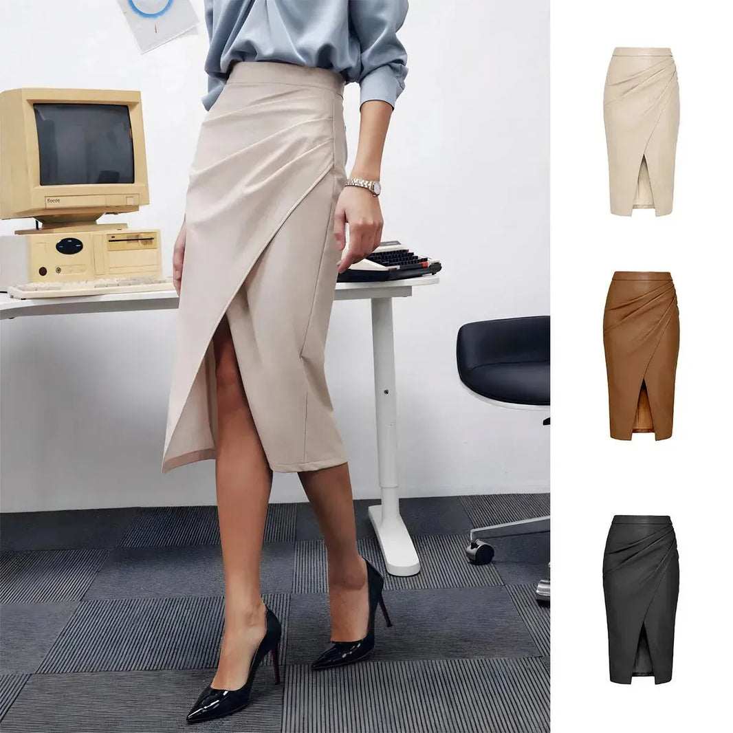 Women Formal Work Office Business High Waist Front Slit Midi Leather Skirt - EX-STOCK CANADA