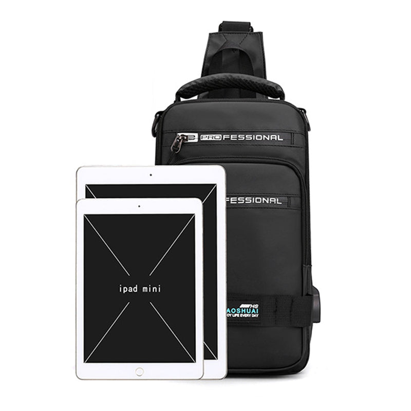 Black crossbody bag with 'PROFESSIONAL' branding next to an iPad mini on a white background