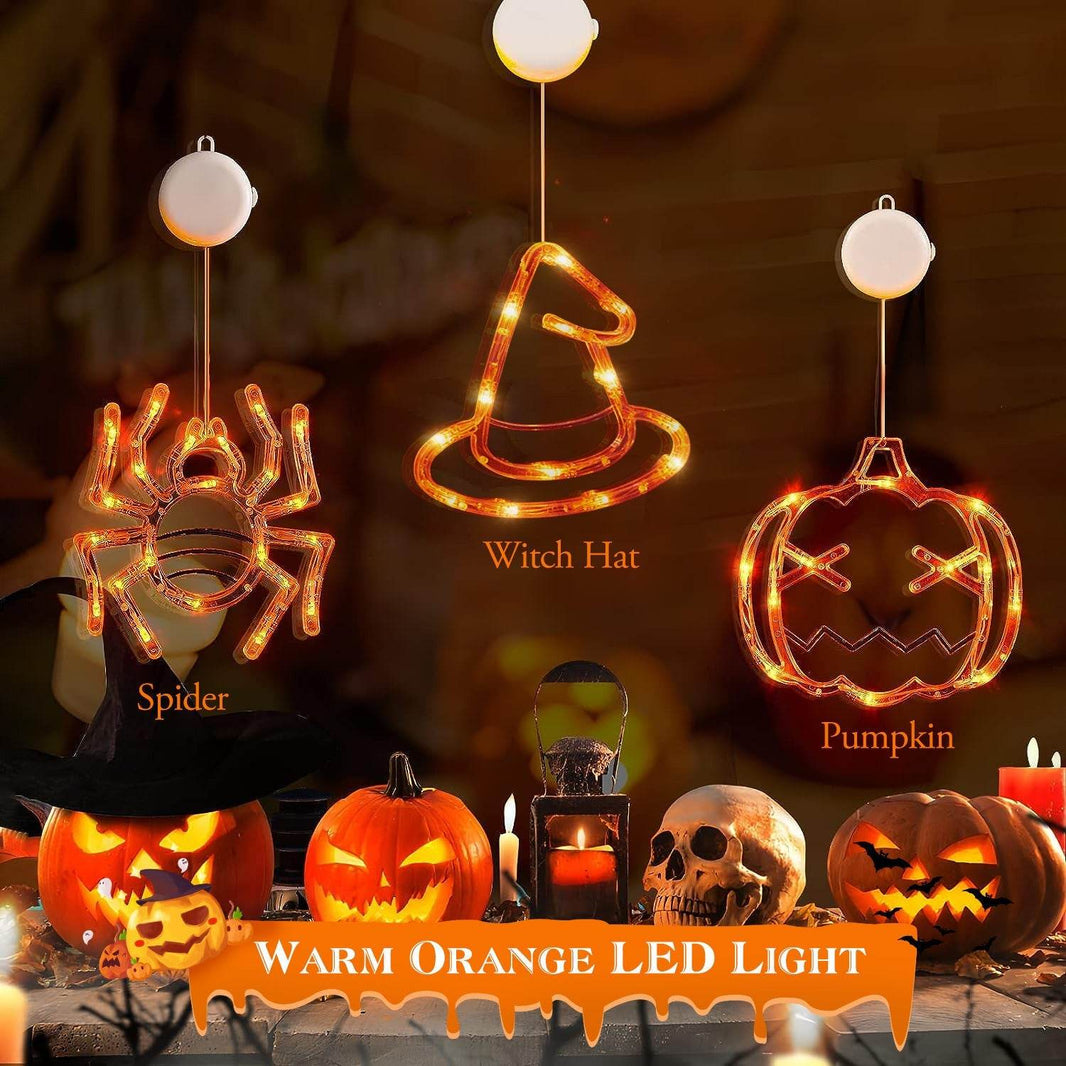 Set Of 3 Pack Halloween Window Light Spider Witch Hat Pumpkin With Orange Light Hanging Halloween Decoration Light With Suction Cup Hanging Holes EX-STOCK