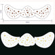 Mustache-shaped stickers with heart patterns and measurements on a white background