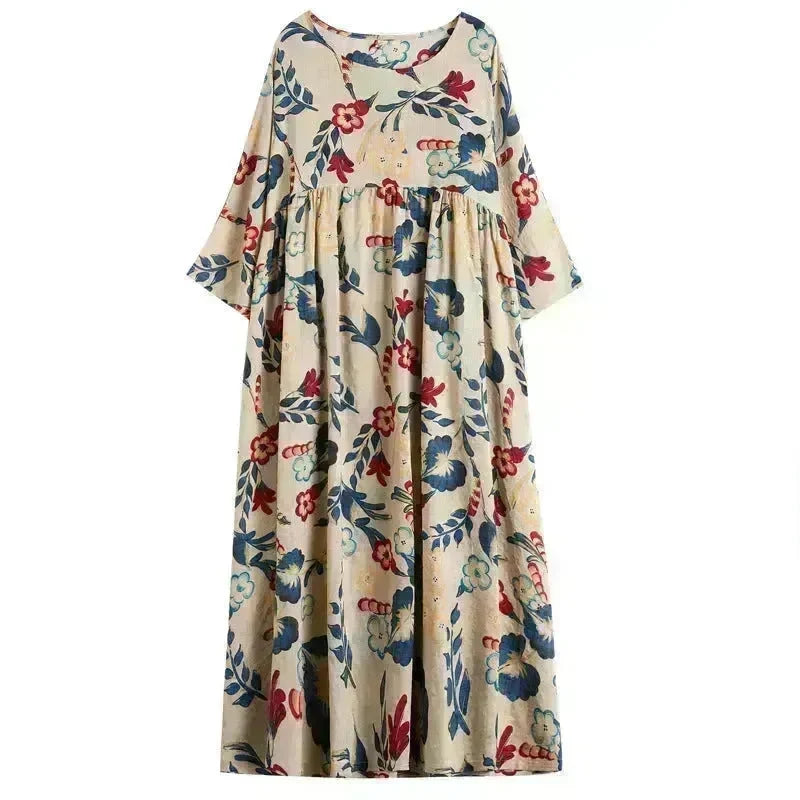 Plus Size Loose Panel Cotton Linen Print Short Sleeve Mum Maxi Dress - EX-STOCK CANADA