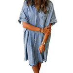 Women's Solid Color Single Row Multi-buckle loose Dress Short Sleeve Denim - EX-STOCK CANADA