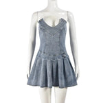 Hot Girl French Pleated V-neck Denim  Tube top Dress - EX-STOCK CANADA