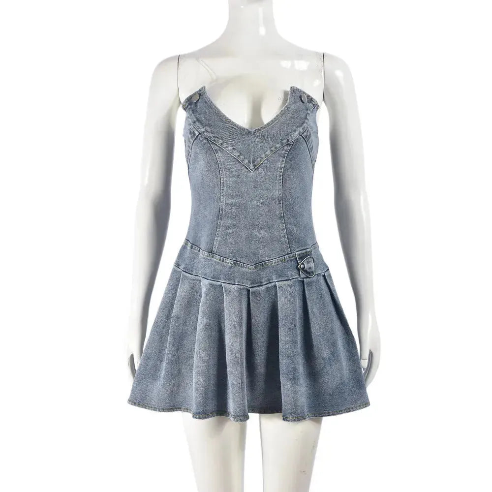 Hot Girl French Pleated V-neck Denim  Tube top Dress - EX-STOCK CANADA
