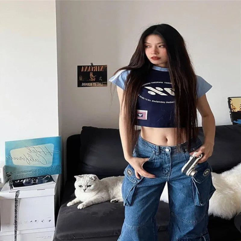 Blue Denim Pant Baggy Boyfriend Cargo Jeans for Women