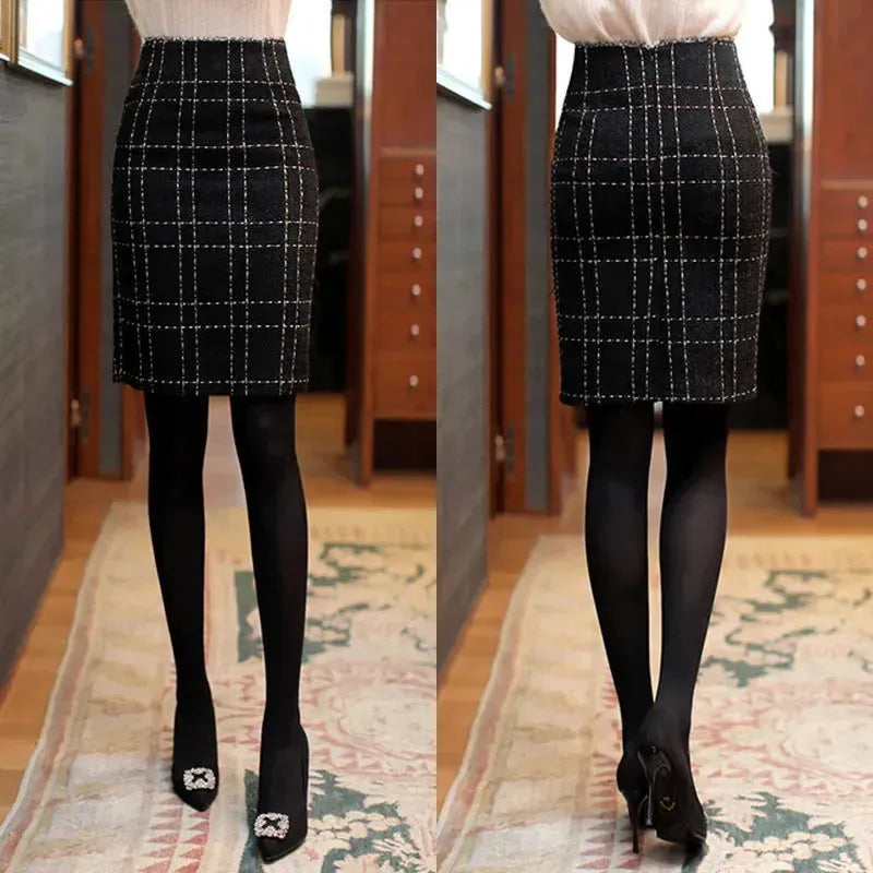 High Waist Black Plaid Sheath A- Line Slimming Woolen Mini Sheath Skirt - EX-STOCK CANADA