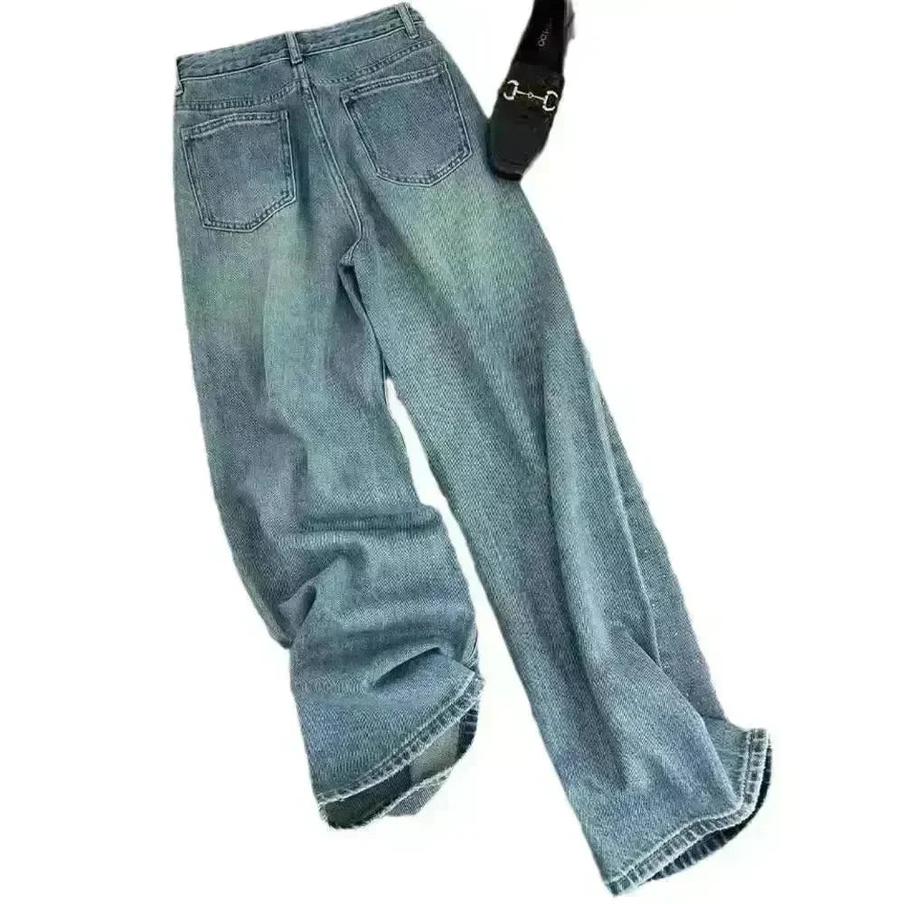 Starry Diamond In The Debris Rhinestone Straight Baggy Jeans Pant For Women - EX-STOCK CANADA