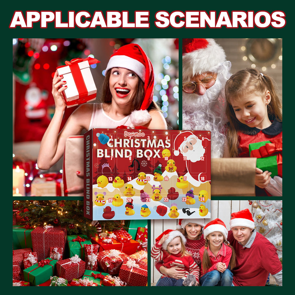 Collage of Christmas-themed images with a Christmas blind box, Santa Claus, and children.