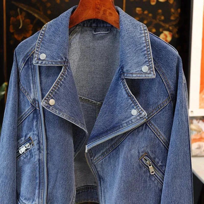 Large Lapel Long-sleeve Zipper Locomotive Style Denim Coat Jacket Women - EX-STOCK CANADA