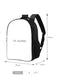A black backpack shown on a white background with dimension arrows and labels indicating 30 cm width, 13 cm depth, 36 cm height, and 14 inches front space, plus a small weight label reading 0.38 KG.