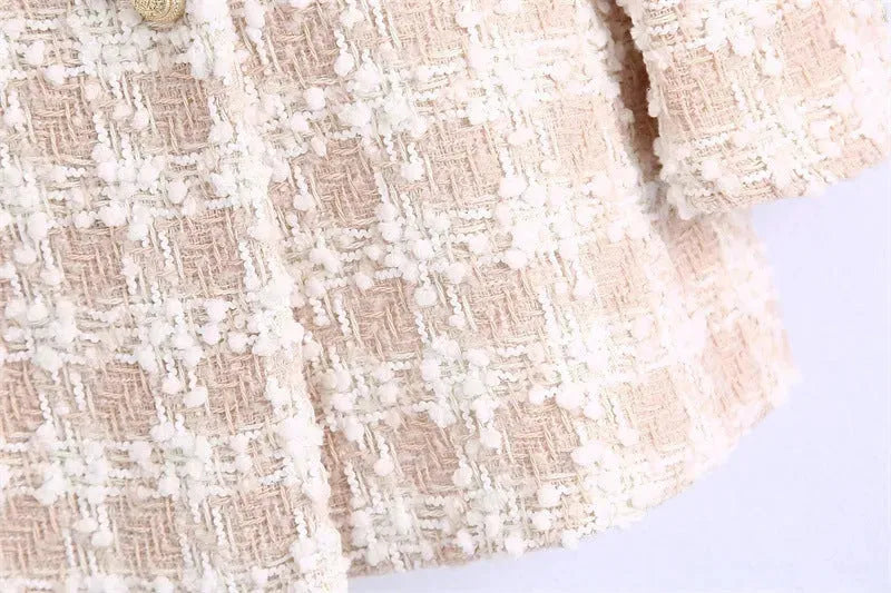 Elegant Luxury Lapel Long Sleeved Double Breasted Check tweed Blazer Women - EX-STOCK CANADA