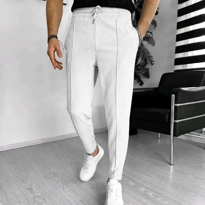 Men's Casual Fashion Waffle High Waist Drawstring Elastic fitted straight leg Pant