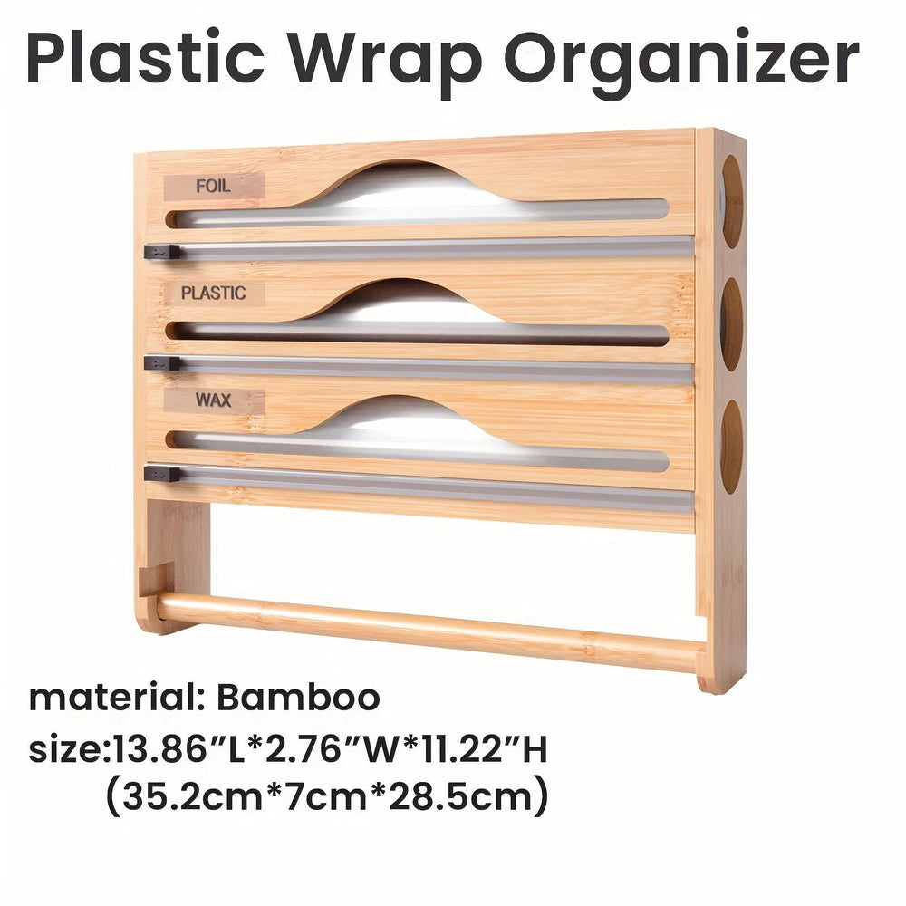Bamboo Plastic Wrap Cutter With Paper Towel Holder Kitchen Wall-mounted Tinfoil Cutter With Three-grid Cutter And Paper Towel Storage Rack EX-STOCK