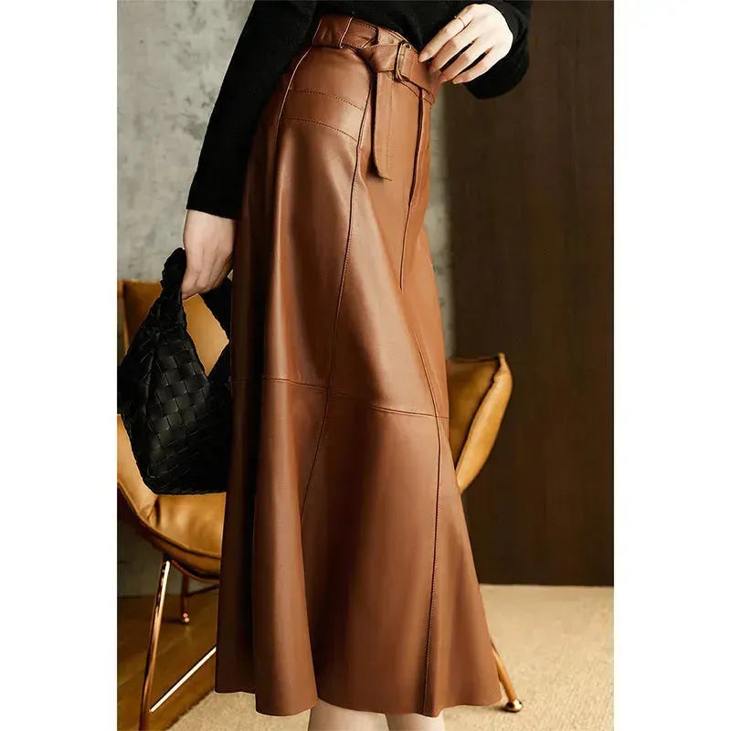 Fashion Retro All-match A- Line High Waist  Formal Office Work Midi Faux Leather Skirt - EX-STOCK CANADA