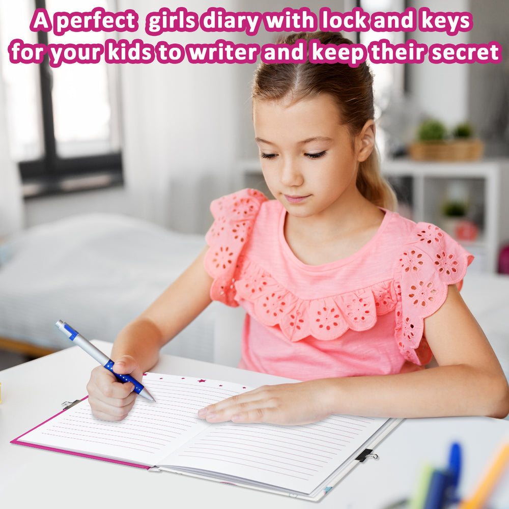 Girl writing in a diary with a pen, surrounded by stationery items.