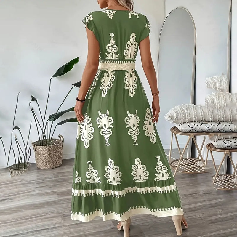 Women's Summer Flowy Maxi Dress Casual Cap Sleeve V Neck Smocked Waist Beach Sundress EX-STOCK
