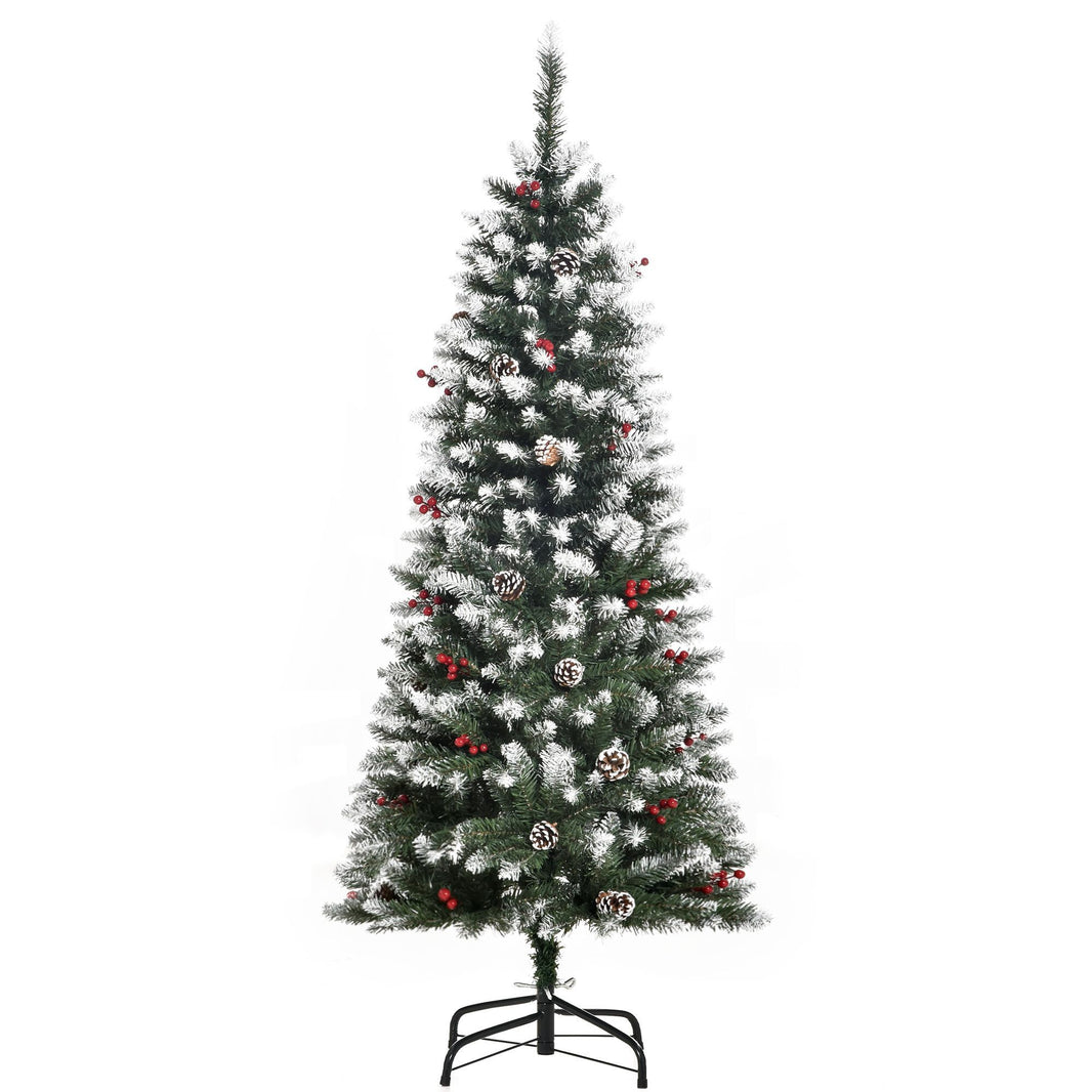 5ft Decorated Christmas Tree With Red Berries And Pine Cones, Flocked Christmas Tree With Pencil Shape, Green EX-STOCK Canada 