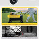A promotional infographic for a folding utility cart, showing a top-down view of the black cart with a white storage box, a lifestyle scene of a person pushing it on grass, and a close-up of the front wheel design with explanatory text overlays.