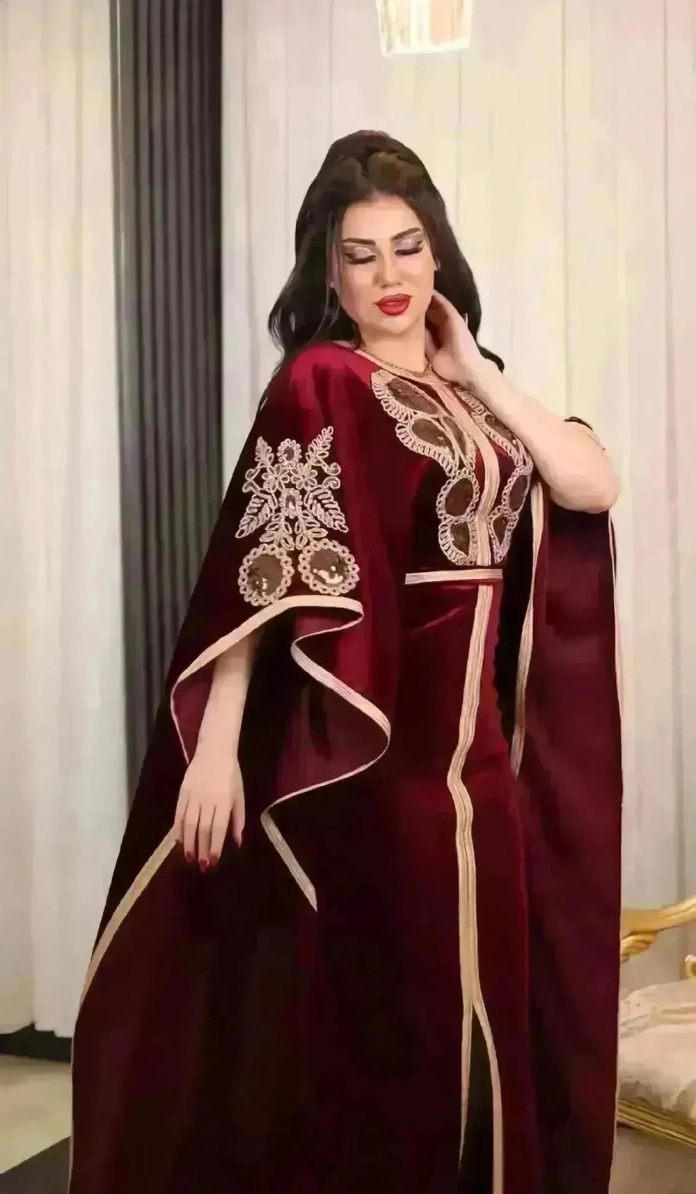 Embroidered Turkish Sequined Gold Velvet Dubai Middle East Women Dress - EX-STOCK CANADA