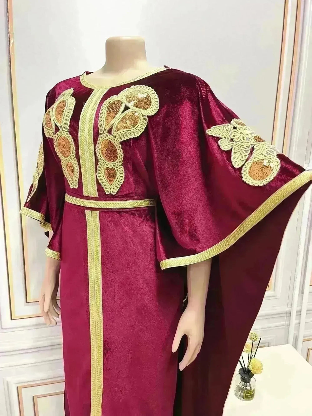 Embroidered Turkish Sequined Gold Velvet Dubai Middle East Women Dress - EX-STOCK CANADA