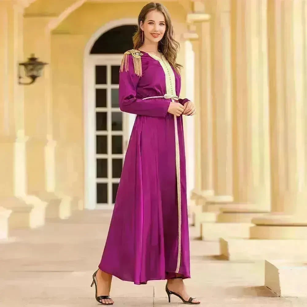 Embroidered Woven Satin Dress With Beads And Tassels Epaulettes for Turkey Dubai Middle East Women Abaya Dress - EX-STOCK CANADA