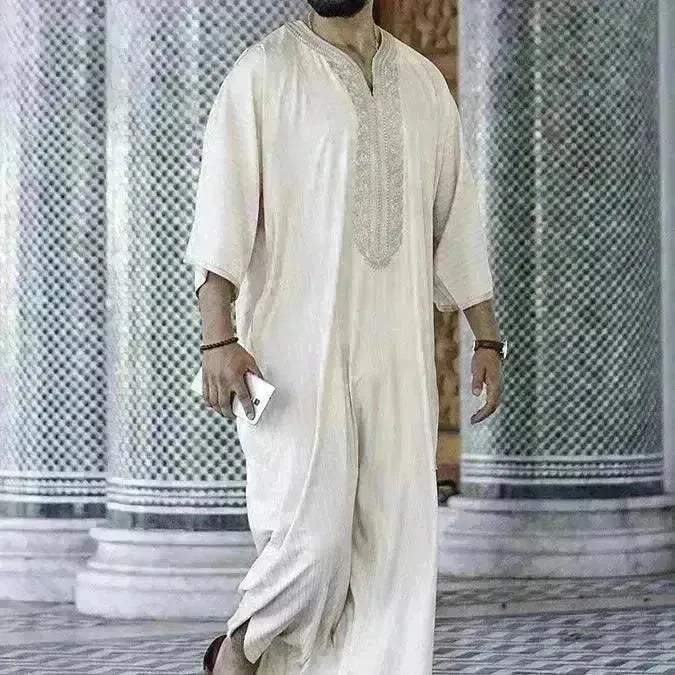 Ethnic Style Loose Casual Embroidery White Arab Robe - EX-STOCK CANADA