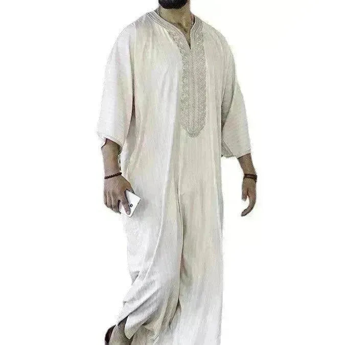 Ethnic Style Loose Casual Embroidery White Arab Robe - EX-STOCK CANADA
